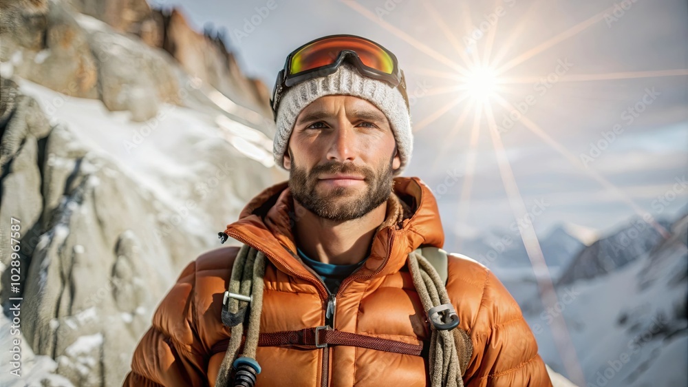 Obraz premium Mountain climber with gear in snowy landscape adventure