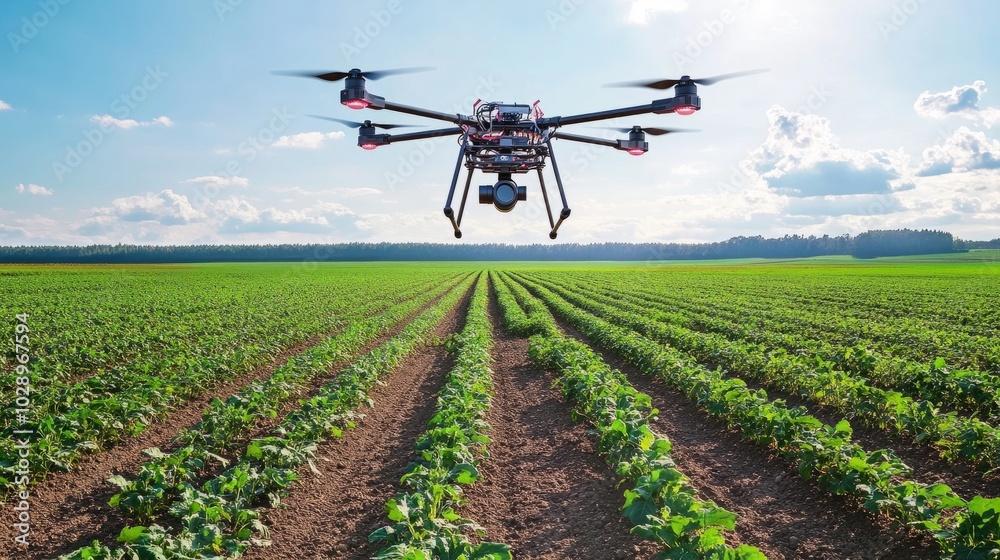 Drones flying low over a farm field, recording plant health data through cameras and sensors with no operators present Drones flying low over a farm field, recording plant health data through cameras and sensors with no operators present