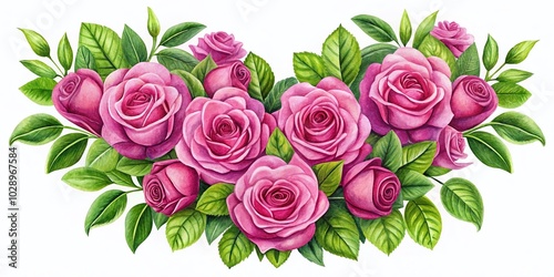 Heart-Shaped Botanical Design Featuring Magenta Roses and Green Leaves for Valentine's Day Celebrations