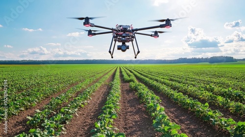 Drones flying low over a farm field, recording plant health data through cameras and sensors with no operators present