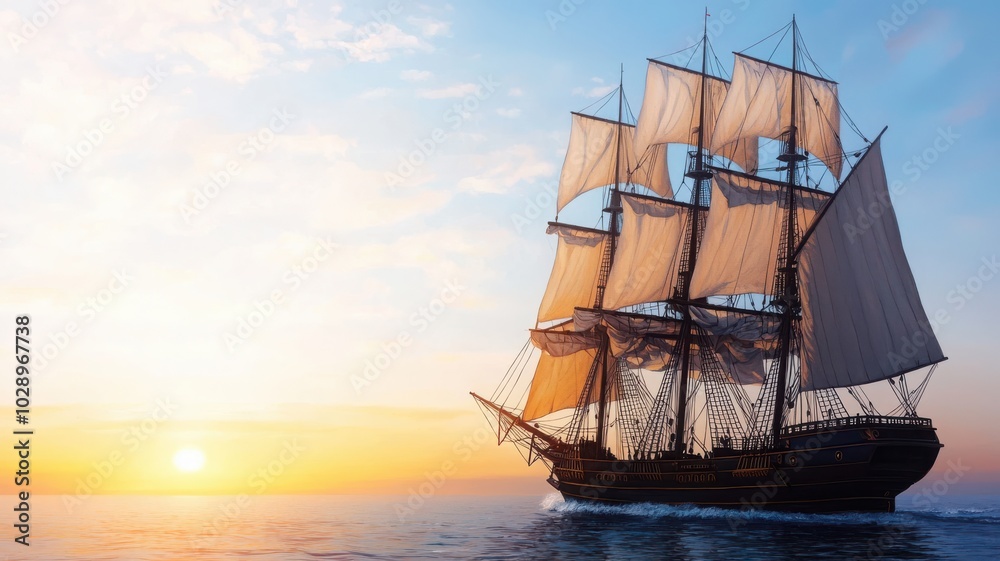 Fototapeta premium Vintage sailing ship at sunset with full sails against a colorful sky.