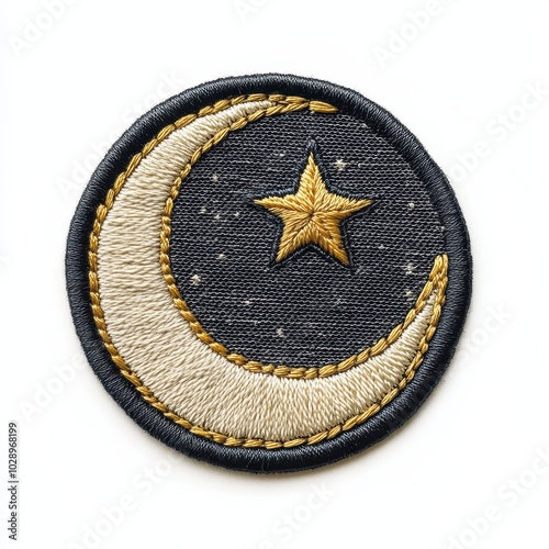 Crescent moon and star embroidered patch badge on isolated white background, vector badge and patch collection for print or embroidery