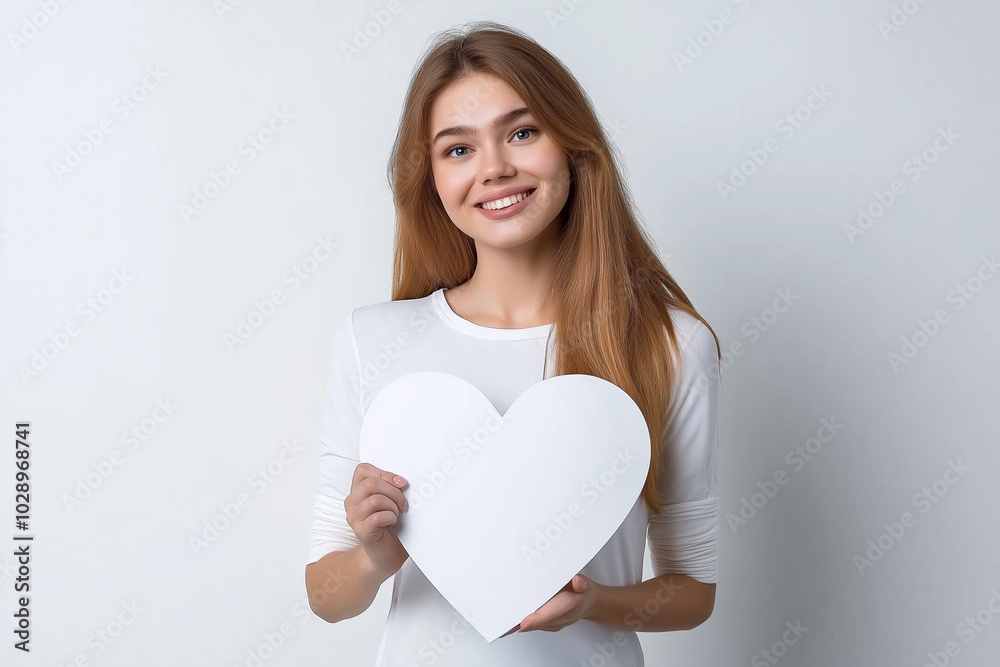 Young woman holds a large white heart in a bright studio, smiling warmly at the camera Young woman holds a large white heart in a bright studio, smiling warmly at the camera
