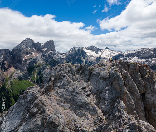 Aerial view of Colac rocky mountain peak, Dolomites (Canazei). Via Ferrata dei Finanzieri. Marmolada background photo