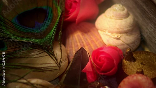 Macro of delicate beautiful objects in a wooden box photo