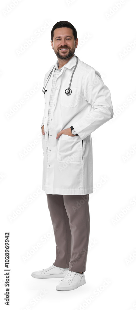 Smiling healthcare worker with stethoscope on white background Smiling healthcare worker with stethoscope on white background