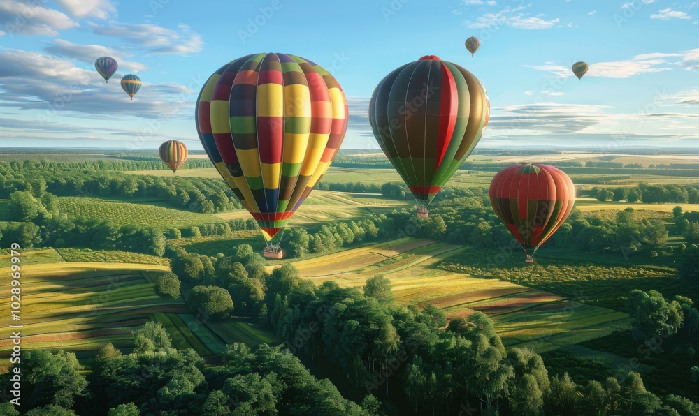 Fototapeta premium Colorful hot air balloons floating over a patchwork of fields and forests, 4K hyperrealistic photo
