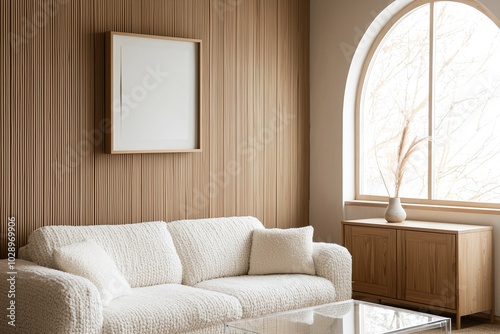 Minimalist, contemporary Scandinavian interiors in the living room with art frames hanging on the wall and sofas and wood cabinets. Generative AI
