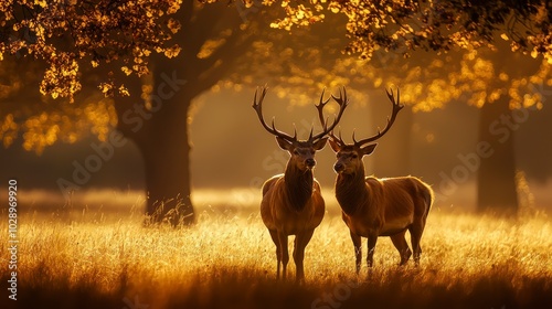 Two male red deer stand side by side in the grass, their antlers lit by the golden sunlight