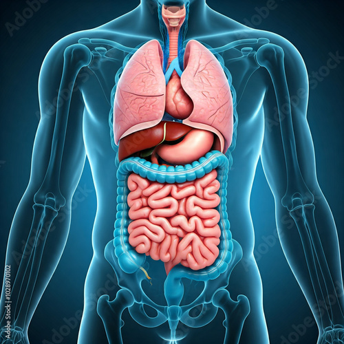 human heart anatomy. 3d rendered illustration of a human body. Human digestive system. Digestive anatomy