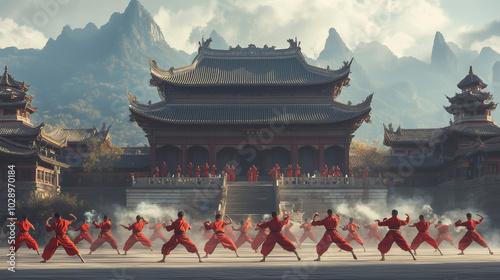 Shaolin Wushu Festival with a line of young Shaolin monks showing acrobatic kung fu moves, in front of the magnificent Shaolin temple, Ai generated images photo