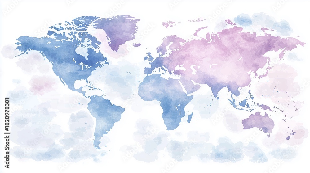 Obraz premium High detailed multicolor watercolor world map illustration with borders oceans and countries on white background side view. state map.