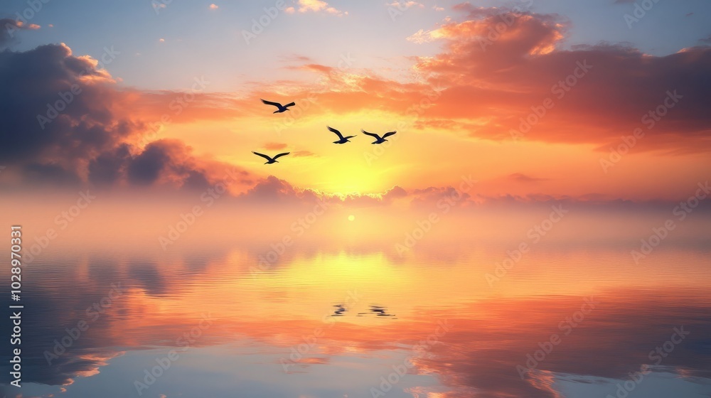 Serene Sunset with Flock of Birds in Flight Serene Sunset with Flock of Birds in Flight
