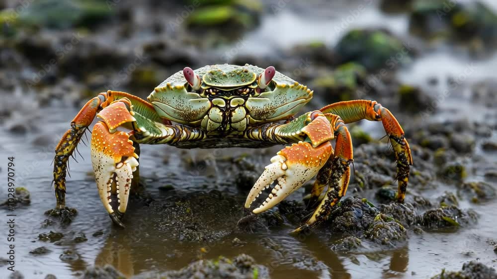 A colorful crab stands on wet ground, showcasing its vibrant colors and textures. A colorful crab stands on wet ground, showcasing its vibrant colors and textures.