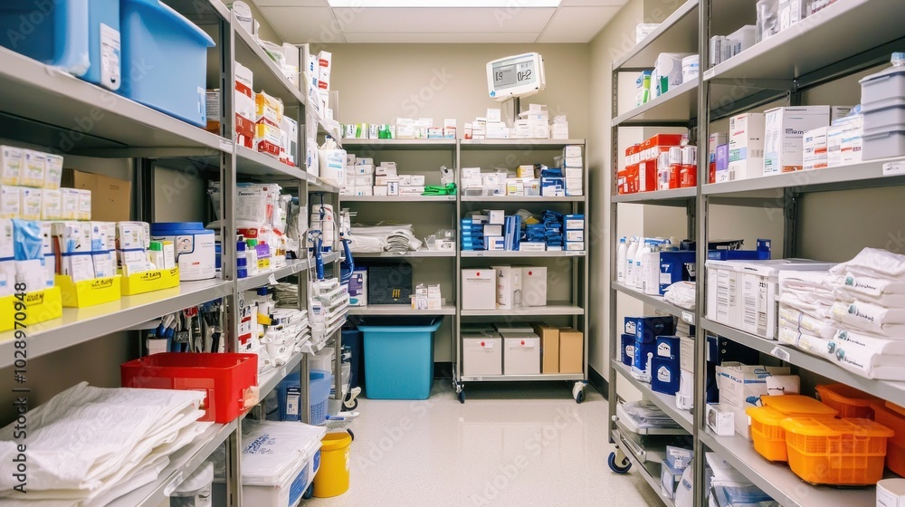 A well-stocked hospital equipment room with shelves of supplies.