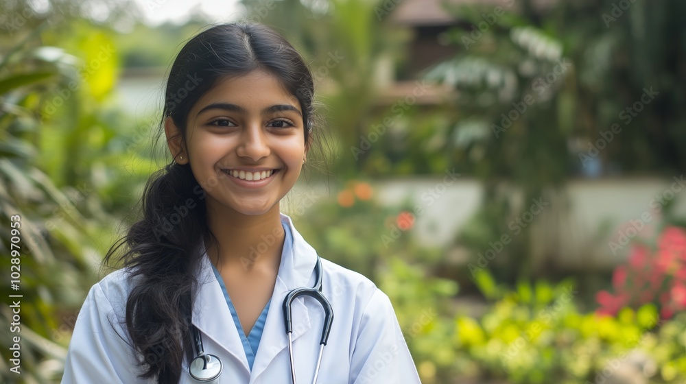 Young female medical student smiles confidently in a lush garden while wearing a white lab coat and stethoscope during a bright sunny day Young female medical student smiles confidently in a lush garden while wearing a white lab coat and stethoscope during a bright sunny day