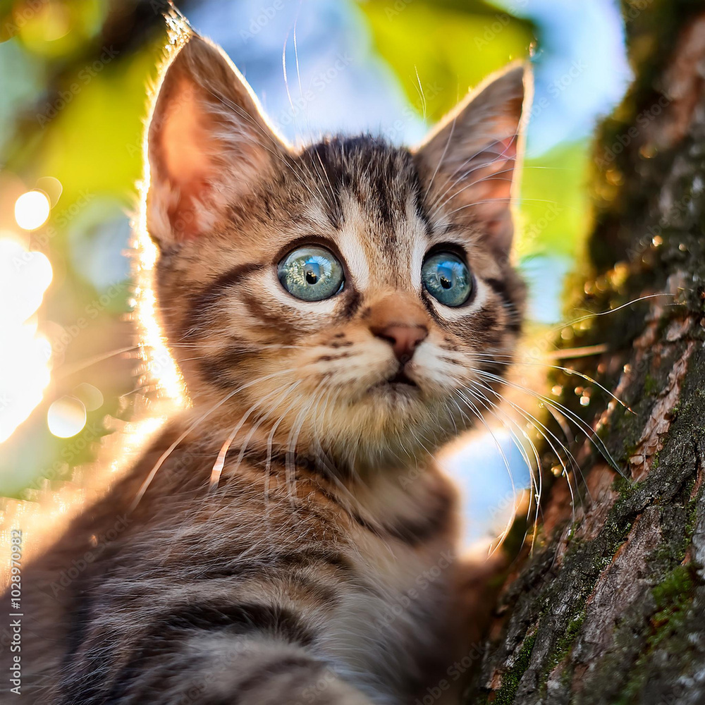 Fototapeta premium Big-eyed little cat on a tree