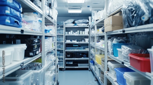 Inside view of a medical storage room filled with various instruments.