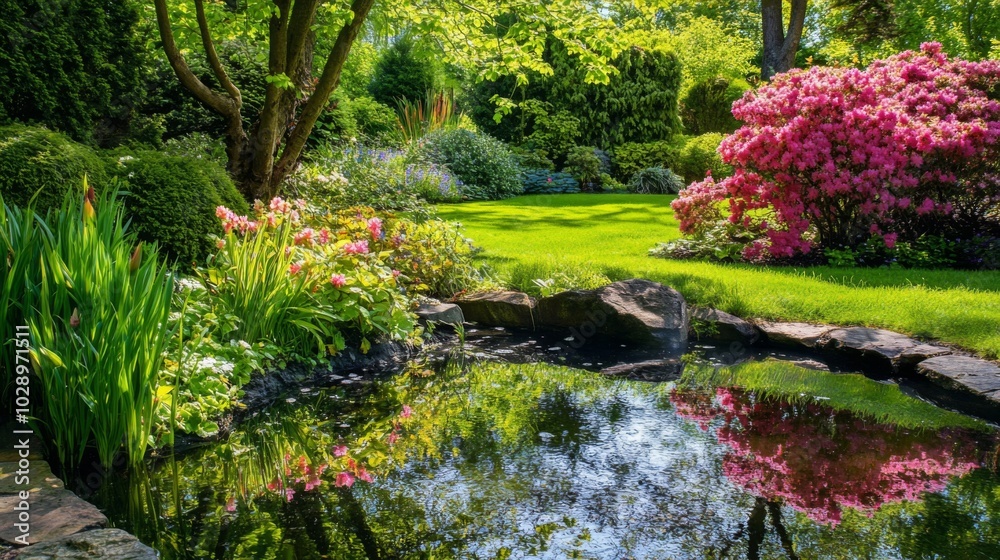 Obraz premium A Serene Pond in a Lush Green Garden with Pink Flowers
