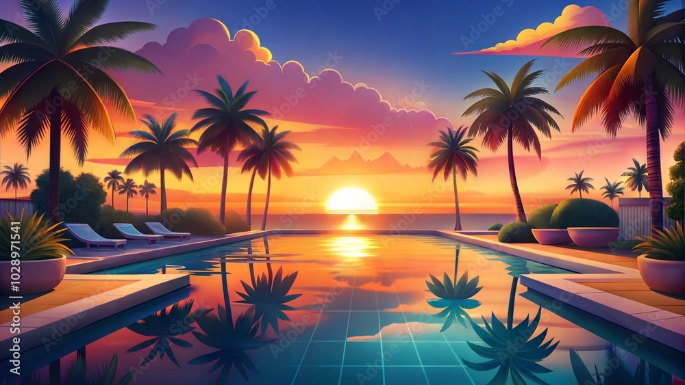Fototapeta premium Luxurious pool with palm trees at tropical sunset
