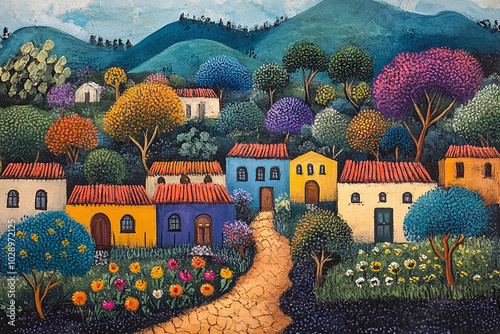Fototapeta Naklejka Na Ścianę i Meble -  Mexican folk art painting depicting a rural village scene.