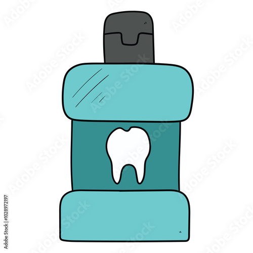 Hand drawn cartoon mouthwash bottle on white background.