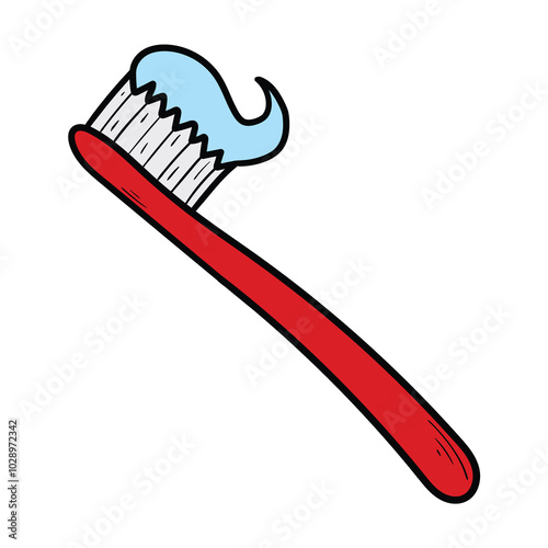 Hand drawn cartoon red toothbrush with toothpaste on white background.