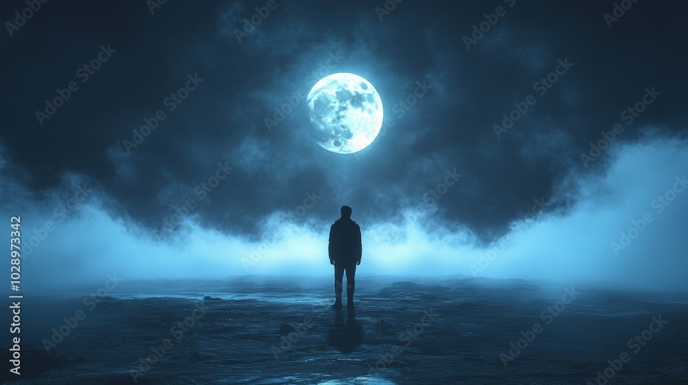 A man stands alone in a field of fog, looking up at a large, glowing moon A man stands alone in a field of fog, looking up at a large, glowing moon