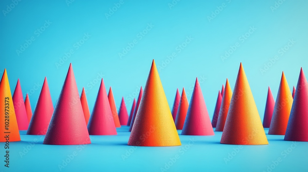A row of orange and pink cones are arranged in a line A row of orange and pink cones are arranged in a line