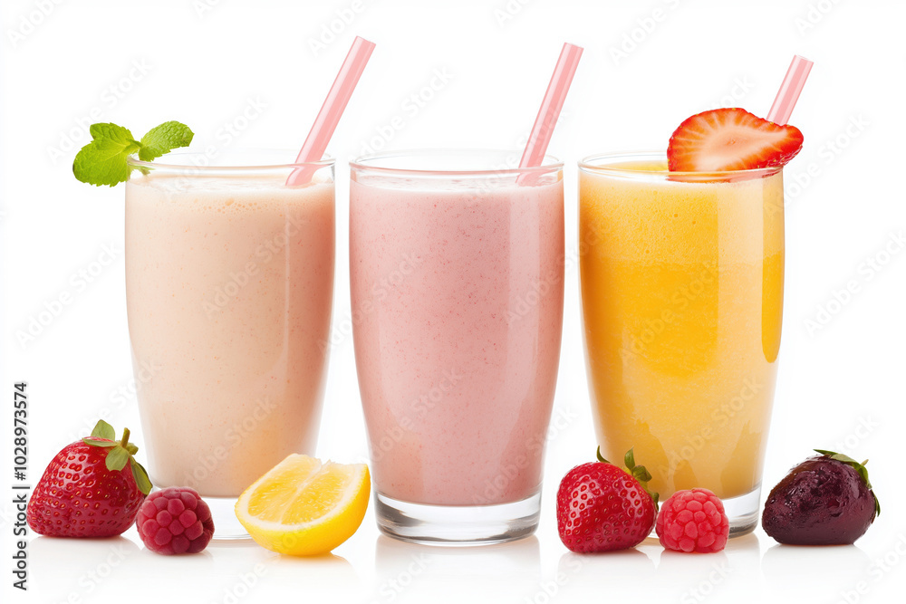Refreshing fruit smoothies in clear glasses garnished with fresh fruit and mint Refreshing fruit smoothies in clear glasses garnished with fresh fruit and mint