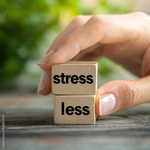 Having less stress or being stress-less. hand turns a cube and changes the word 