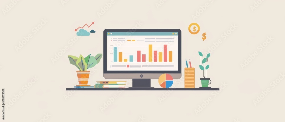 Modern Workspace with Data Visualization and Plants Modern Workspace with Data Visualization and Plants