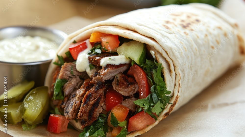 A Close-Up of a Shawarma Wrap with Grilled Meat, Vegetables, and a Creamy Sauce A Close-Up of a Shawarma Wrap with Grilled Meat, Vegetables, and a Creamy Sauce