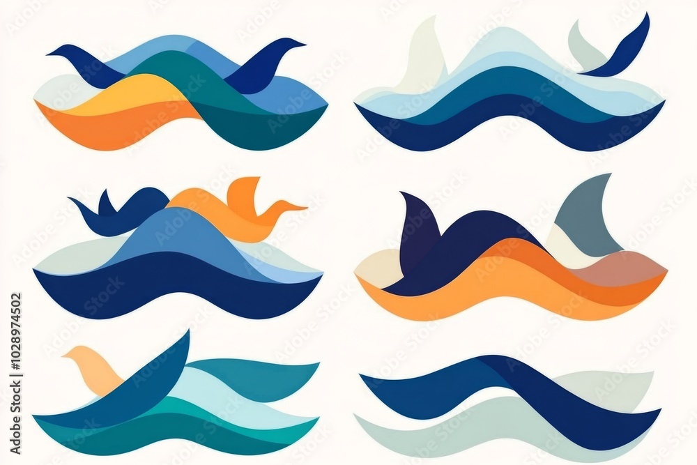 Obraz premium A set of six ocean waves with a shark and a bird in the middle. The waves are blue and orange
