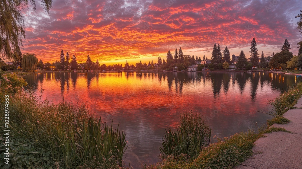 Obraz premium Breathtaking Sunset Over Serene Lake Reflections
