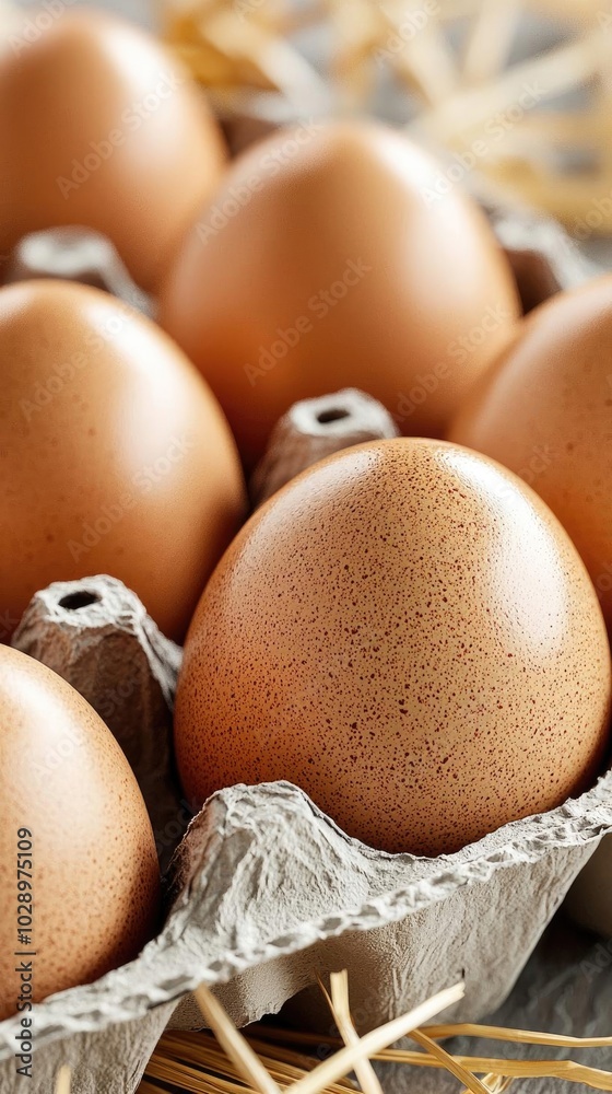 A close-up of brown eggs nestled in a gray carton, surrounded by straw, showcasing their smooth texture and natural colors.