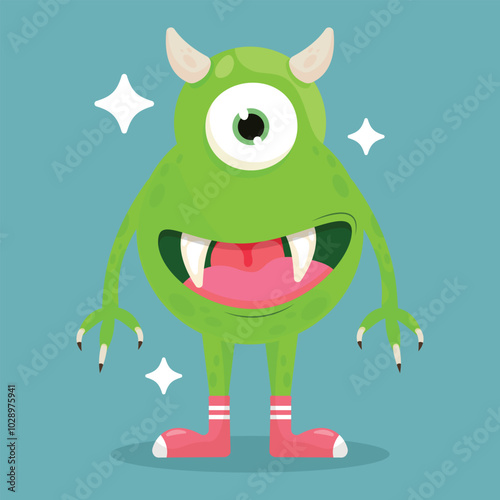 Green Cartoon Monster with one eye and horns on blue background. Vector cyclops character.