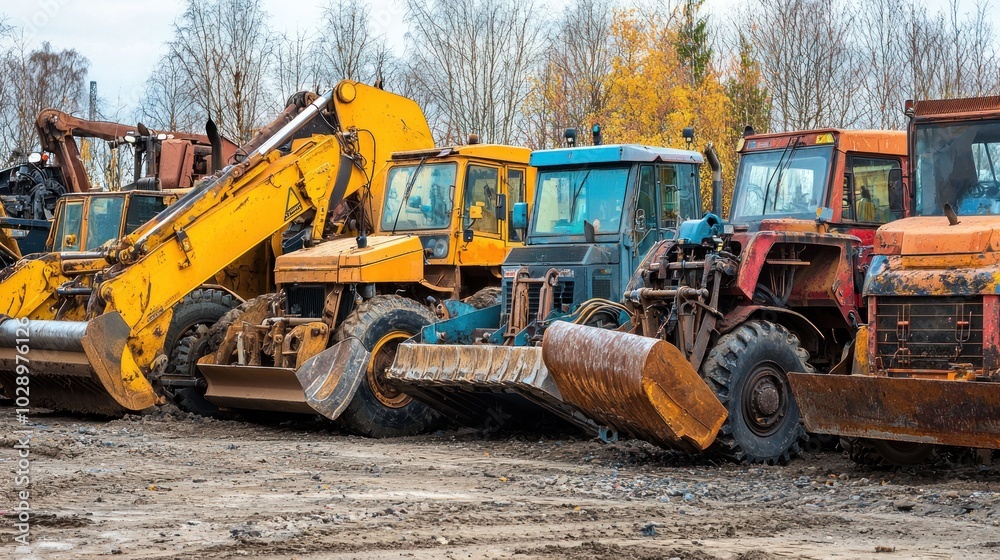 A display of different heavy machinery on a construction yard.
