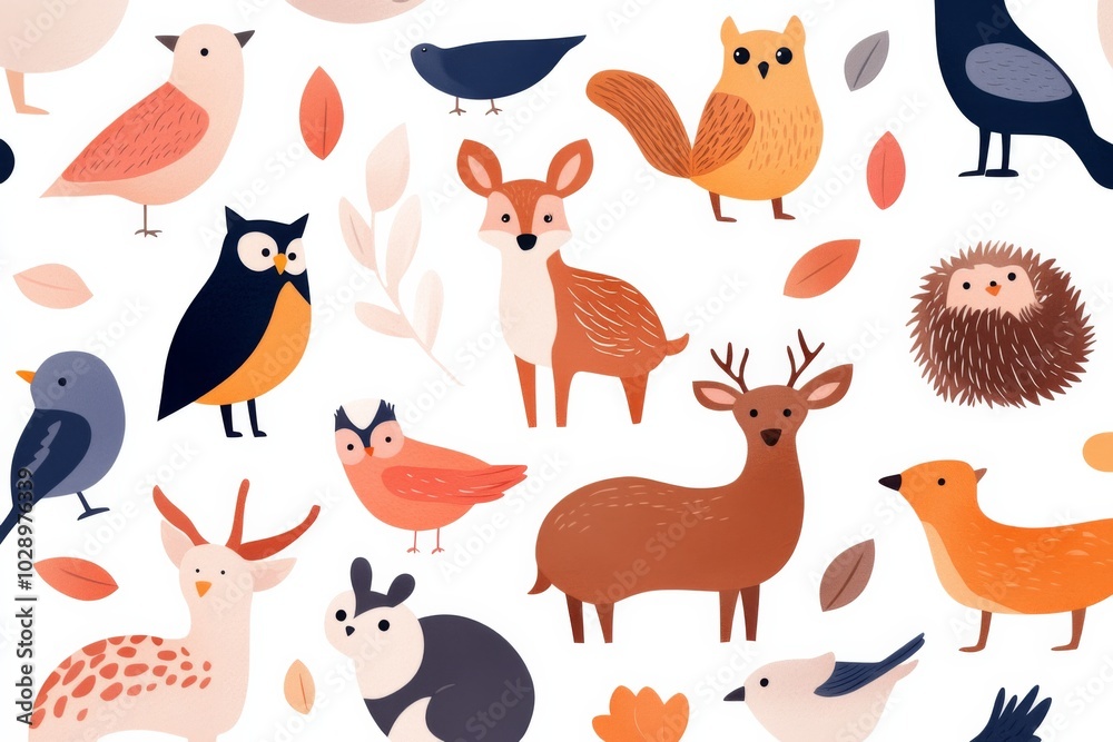 Naklejka premium A colorful drawing of various animals, including deer, birds, and squirrels. Concept of playfulness and whimsy, as the animals are depicted in a variety of poses and expressions