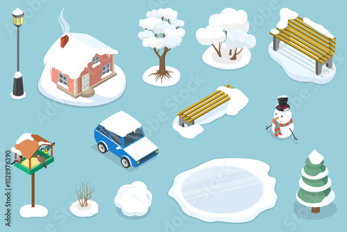 3D Isometric Flat Vector Illustration of Winter Collection, Cold Season Elements