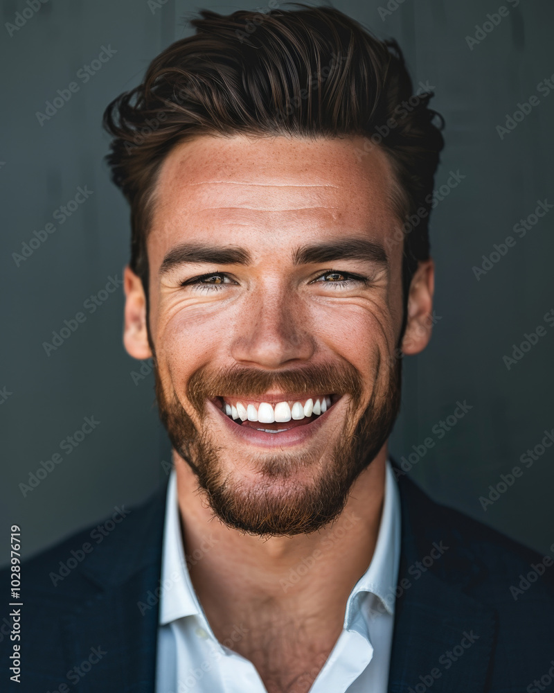 Smiling man in his late 20s with a beard, wearing a suit jacket, in front of a dark background Smiling man in his late 20s with a beard, wearing a suit jacket, in front of a dark background