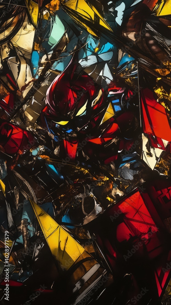 Naklejka premium Graffiti Art with Anime Aesthetics Depicting Revolution in High Contrast Crimson, Gold, and Black