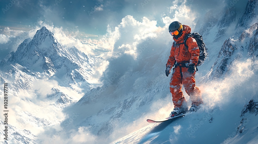 Snowboarder Navigating Alpine Snowy Landscape Snowboarder Navigating Alpine Snowy Landscape