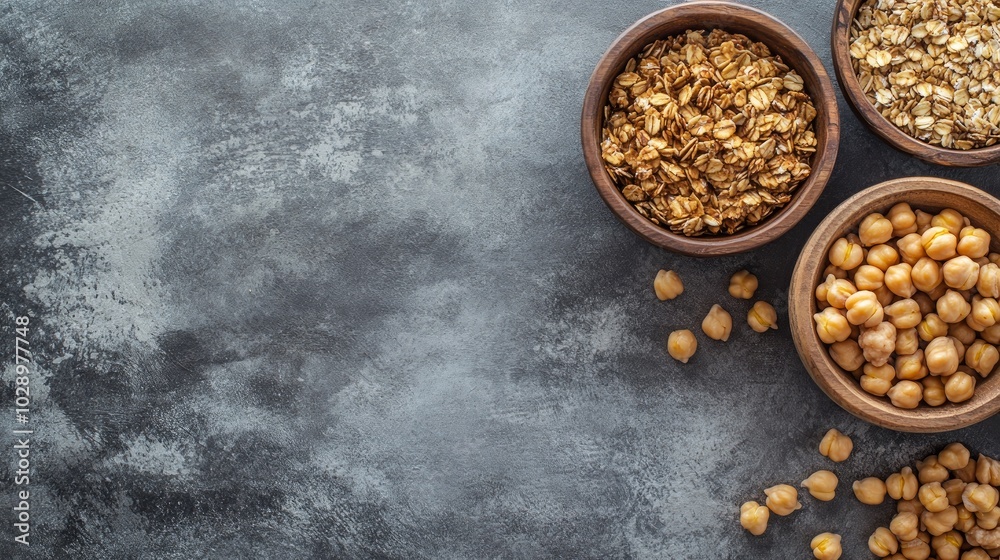 A close-up overhead shot of three bowls with chickpeas, oats, and granola on a gray background. A close-up overhead shot of three bowls with chickpeas, oats, and granola on a gray background.
