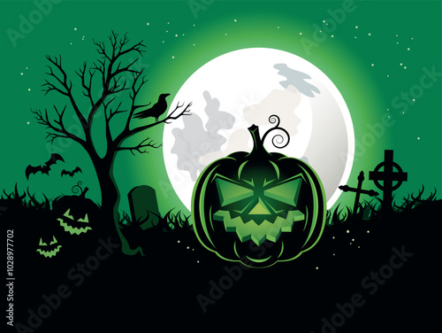 Green Halloween background with scary pumpkin in a cemetery vector illustration. Creepy pumpkin, shining moon and graveyard vector. Night spooky landscape with graves. Template for card, banner