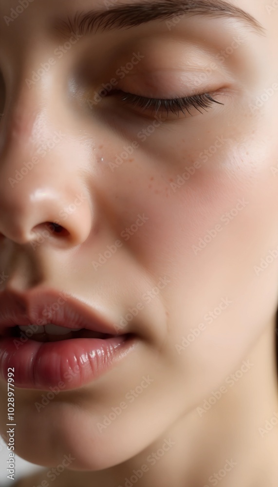 Obraz premium Close-up of a woman's face with natural beauty, showcasing smooth skin and subtle features