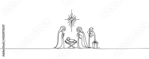 Baby Jesus lying in a manger in a stable. Biblical nativity scene. One line drawing. Vector illustration