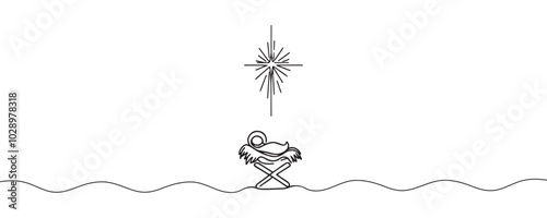 Baby Jesus lying in a manger in a stable. Biblical nativity scene. One line drawing. Vector illustration