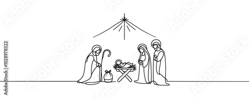 Baby Jesus lying in a manger in a stable. Biblical nativity scene. One line drawing. Vector illustration