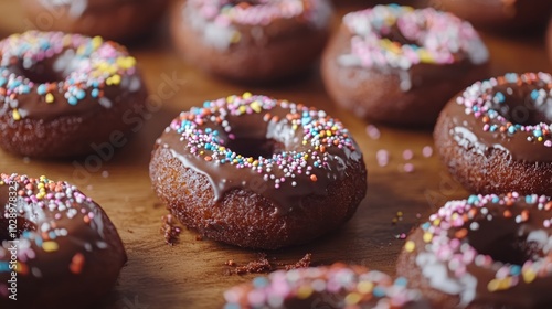 A close-up shot of a group of freshly made chocolate donuts with sprinkles on a wooden table.